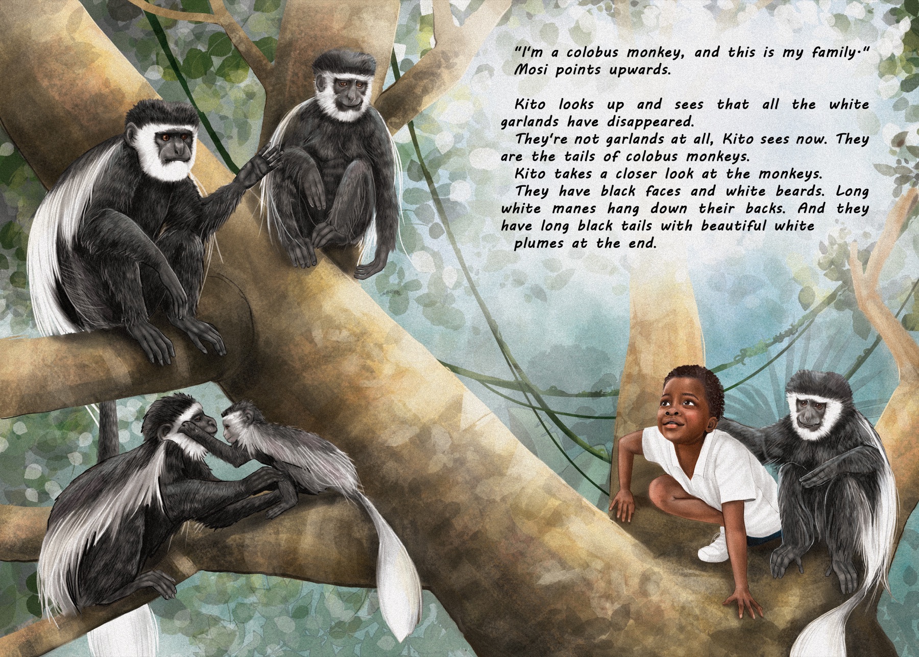 Illustratie uit het boek: Kito ontmoet de familie van Mosi